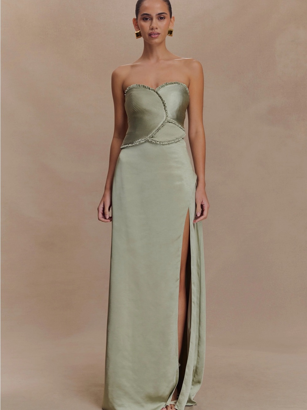 Meshki Strapless Sage Green Satin Maxi Gown with Side Slit